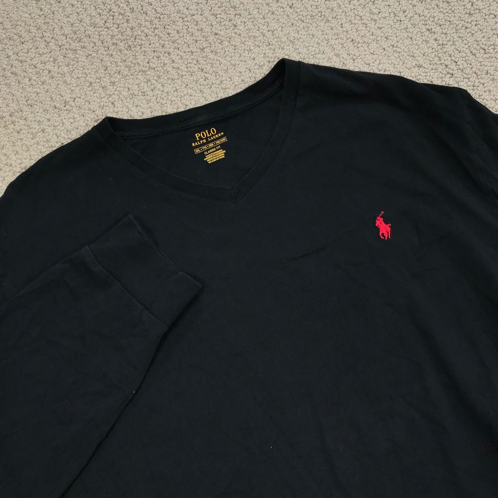 Polo Ralph Lauren Mens XXL Black V-Neck Long Sleeve Classic Fit Cotton T-Shirt
